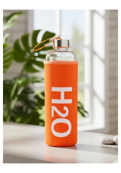 H2o Sağlıklı Cam Matara 1000 Ml Su Şişesi, Pastel Renk Kılıflı 1 Lt Sporcu Suluğu Turuncu