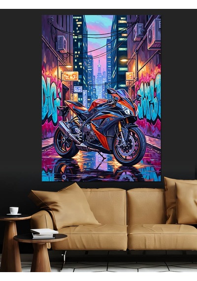 Ahşap Tablo Neon Işıklı Motosiklet Çizimi