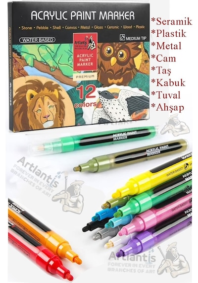 12 Renk Akrilik Markör Keçeli Kalem 1 Adet 12 Li Acrylic Marker Taş Cam Metal Seramik Plastik Tuval Ahşap 0.7-1 Cm