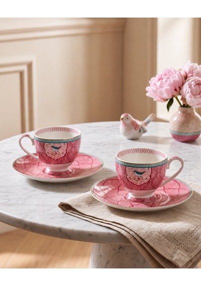 Kuş Desenli Pembe 2 Li Porselen Kahve Fincan Takımı Çok  Renkli