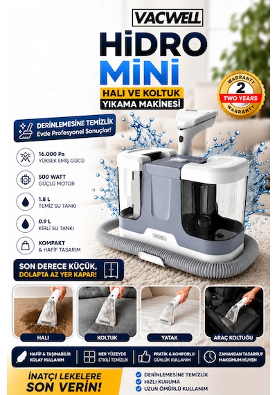 Vacwell Hidro Mini Koltuk Ve Halı Yıkama Makinesi 500 Watt 16 Kpa 3 Başlıklı