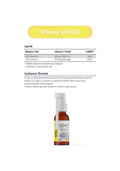Vitavy D3K2 Vitamini Sprey 20 ML 140 Puff