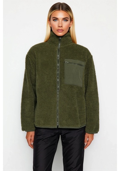 Benerly Kadın Dik Yaka Düşük Kol Tam Fermuarlı Peluş Sweatshirt Fonksiyon Haki