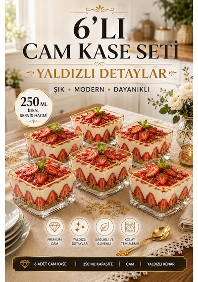Porsima 13878-1 Vanes Prizma Gold Yaldızlı 6'lı Cam Kare Kase Seti 250 Ml Tatlı, Puding, Magnolia Ve Çerez Sunum Kasesi