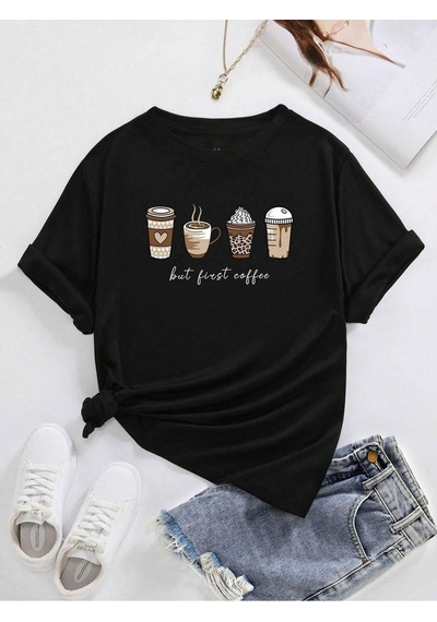 Flood Of Style Kadın Siyah Coffee Baskılı Oversize