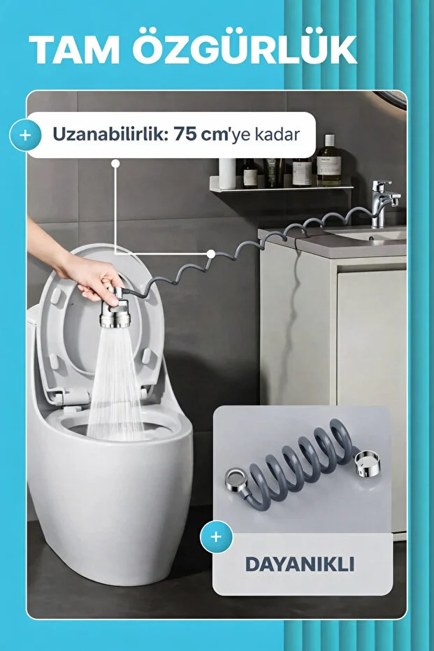 Musluk Başlığı 75 Cm Uzatmalı 360 Döner 3 Modlu Su Tasarruflu Uzayan Musluk Başlığı