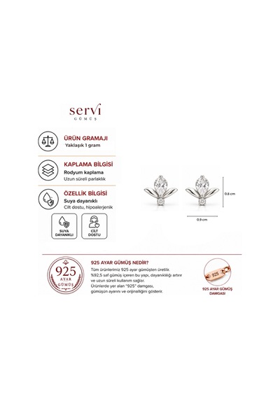 Servi 925 Ayar Gümüş Minimal Lotus Markiz Taşlı Küpe-520