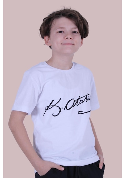 Panios Kids İmzalı Atatürk Baskılı Unisexs T-shırt Beyaz - Siyah