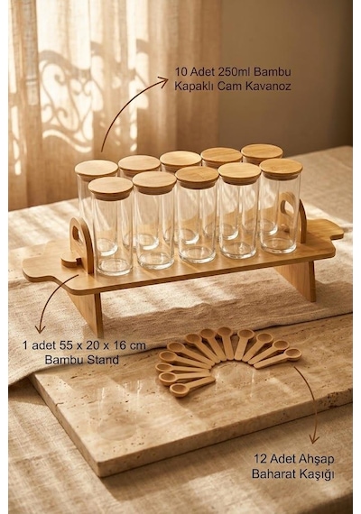 Atbyhome 33 Parça Bambu Standlı Cam Baharatlık Seti 10 Adet 250 Ml - Kaşıklı Vakum Kapaklı Baharat Takımı Kahverengi