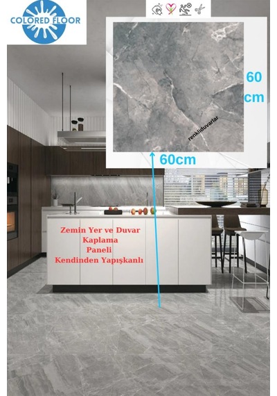 14 Adet 60x60cm Gri Mermer Desenli Floor Pvc-lvt Yapışkanlı Yer Kaplama Parkesi Kauçuklu 617