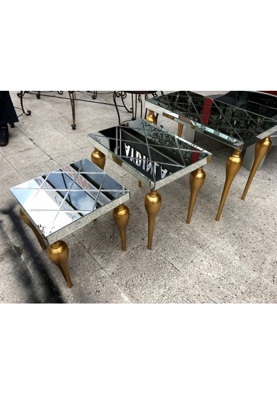 Zigon Sehpa Tombul Torna Model Parlak Gold Renk Kayın Ayak Çizgil