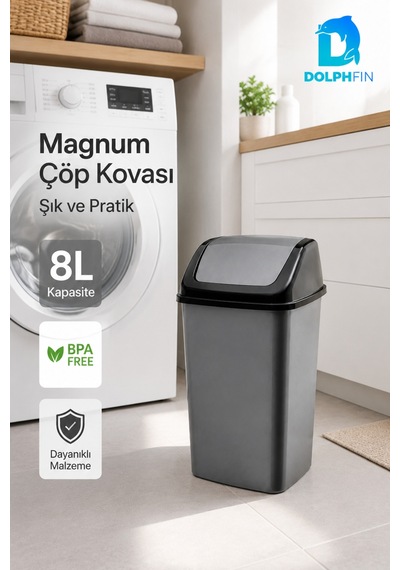 Magnum 8 Litre Sallanır Kapaklı Çöp Kovası Mutfak Banyo Ofis Antrasit