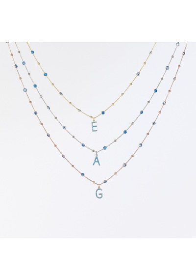 925 Ayar Gümüş. Aquamarin Zirkon Taşlı Mavi Topaz , Top Zincirli, Harfli Kolye Altın