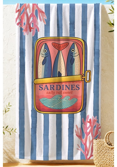 Çizgili Sardines Temalı Marine Plaj Havlusu - Sardalya Konseptli Akdeniz Stil Banyo Sahil Örtüsü Çok Renkli