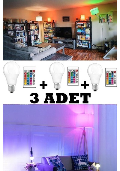 Rgb Kumandalı Renkli Led Ampul 9 Watt Işık Şiddeti Ayarlanabilir/kısılabilir Çok Renkli 3 Adet, Derwel3dt