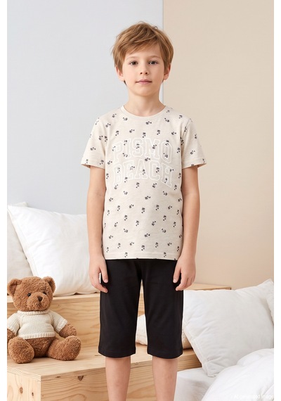 Remsa Erkek Çocuk Kısa Kol Şortlu Penye Pijama Takımı 4310 Bej Bej01