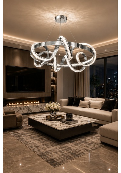 Armina Lüks Cristalya Serisi Premium Kalın Çizgili Kasa Orjinal Krom Kaplamalı 3 Renk Ledli Sarkıt Ledli Avize Modern Led Avize -çap 50 Cm Krom Krom