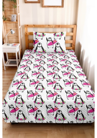 Evimde Bambaşka Penguen Pembe Çocuk Odası Tek Kişilik Pike Takımı-modern Siyah Beyaz 160x220 CM Kapitone Yatak Örtüsü