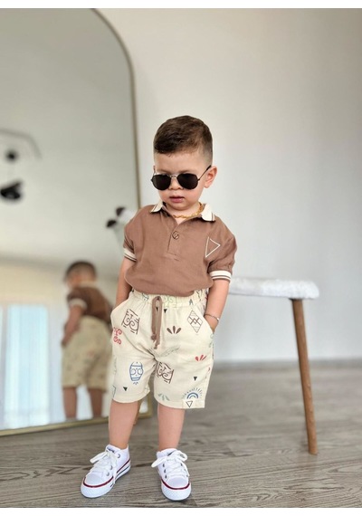 Miniğimin Cicileri Müslim Lacost Yaka Şortlu Etnik Desen Erkek 2 Li Takım - Kahverengi Kahverengi