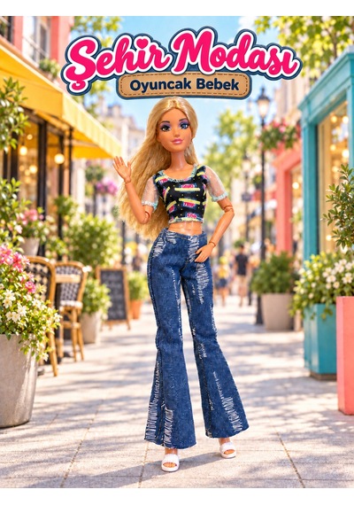 Halley File Kollu Baskılı Bluz Desenli Kot Pantolonlu Moda Bebek Oyuncak - Sarı Saçlı - Eklemli Vücut