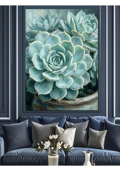 Echeveria Sukulent Mavi Yeşil Yaprak Dekoratif Kanvas - Mdf Ahşap Tablo