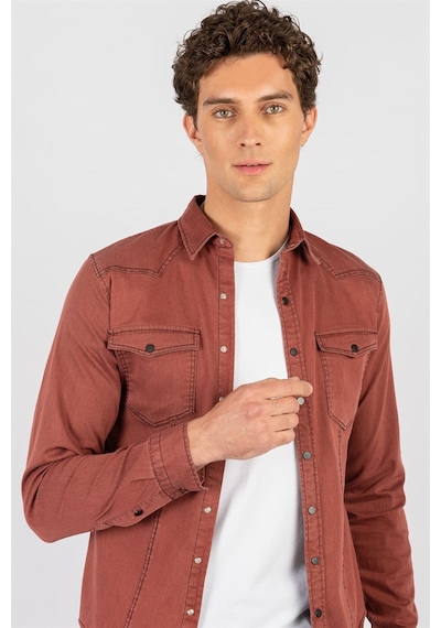 Tudors Slim Fit Dar Kesim Uzun Kol Erkek Kot Gömlek-20958 Bordo