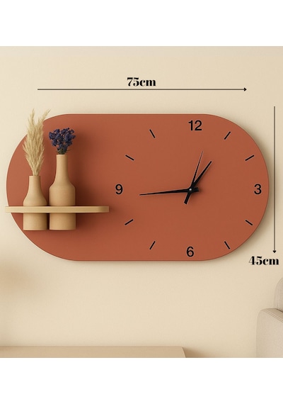 Modern Tasarım Raflı Nera Duvar Saati 75x45 Turuncu