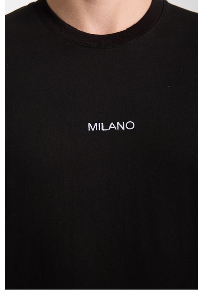 Erkek Milano Nakış Yazılı Oversize Bisiklet Yaka T-shirt Siyah