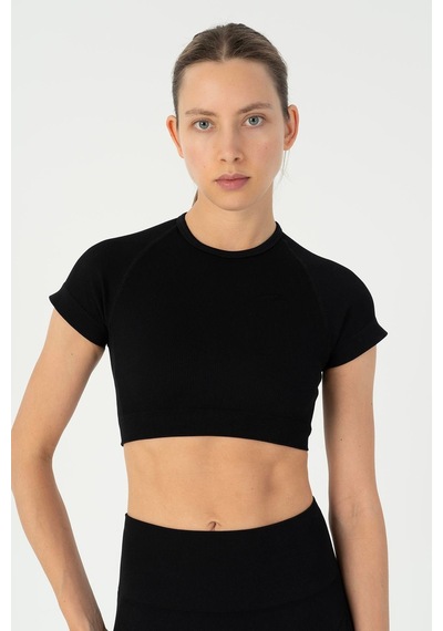 Maraton Slimfit Kadın Bisiklet Yaka Siyah- Crop Top Siyah-