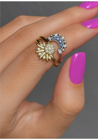 Çekirdekjewelry 925 Ayar Gümüş Ay Güneş Ayarlanabilir Yüzük Çok Renkli