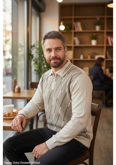Kamalı Erkek Krem Tüylenme Yapmayan Anti Pilling Kumaş Standart Fit Normal Kesim Polo Yaka Triko Kazak Taş