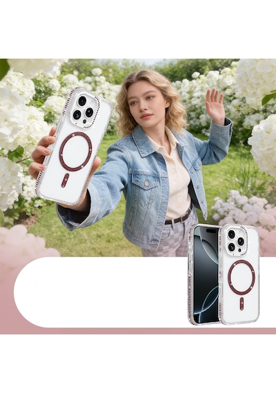 Apple iPhone Uyumlu 16 Pro Kılıf Taşlı Simli Magsafe Kamera Yükseltili Silikon Pazarplus Şeffaf