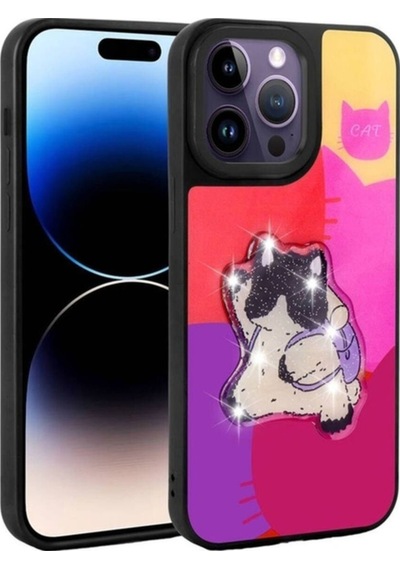 Apple Uyumlu iPhone 14 Pro Max Kılıf Parlayan Kabartmalı İkonik Figürlü Zore Amas Silikon Kapak Mor