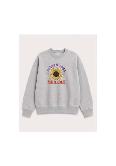 Herkesemoda Ayçiçek Baskılı 2 İplik Şardonlu Bisiklet Yaka Sweatshirt Gri