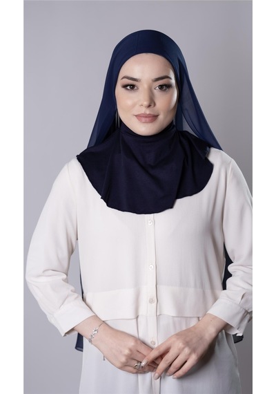 Hürrem Bone Lacivert Pratik Hazır Geçmeli Şal Şifon Kumaş Hijab Bone 3009 02