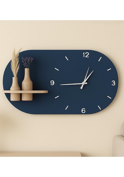 Modern Tasarım Raflı Nera Duvar Saati 75x45 Lacivert
