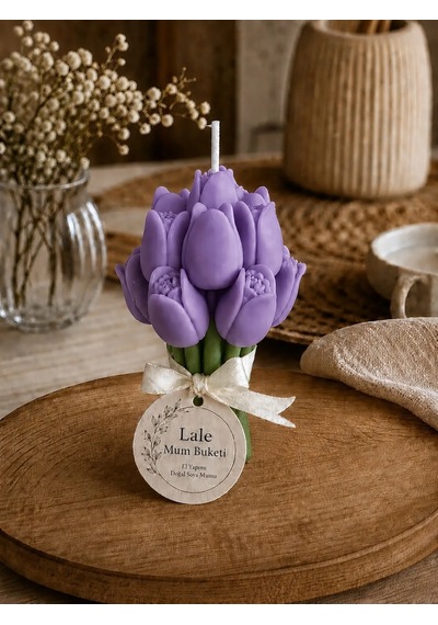 Mumelia Lale Buket - Doğal Soya Hediyelik Mum - Mor - 15