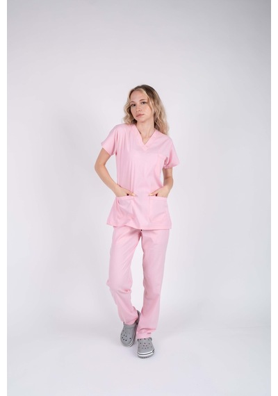 Pembe Likralı Kadın Hemşire Ve Doktor Forması Takımı Scrubs Hastane Üniforması