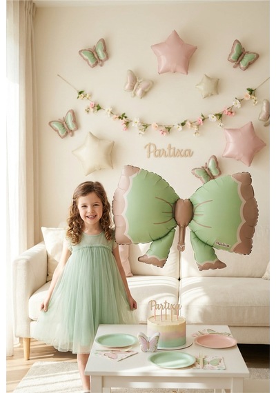 Retro Yeşil Fiyonk Folyo Balon Baby Shower Doğum Günü Parti Süsü Çok Renkli