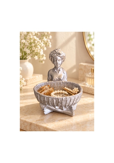 Altın Renk Kadın Figürlü Dekoratif Takı Ve Toka Sepeti Polyester Aksesuar Düzenleyici, 17 X 11 Cm Gümüş
