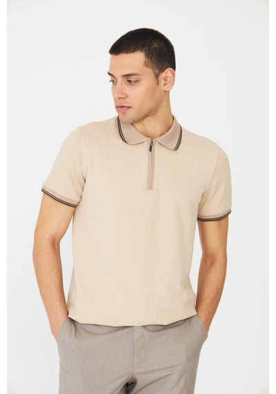 Bej Modern Kesim Fermuarlı Polo Yaka Erkek T-shirt Bej