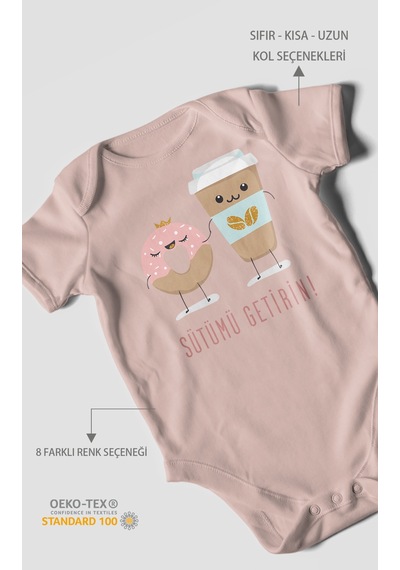 Sütümü Getirin Baskılı Bebek Zıbını Çıtçıtlı Body %100 Pamuk Kısa Kol Pastel Pembe