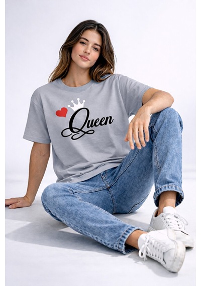 King Queen Sevgili Kombini Çift Tişört Matching Couple Oversize U Siyah-antrasit
