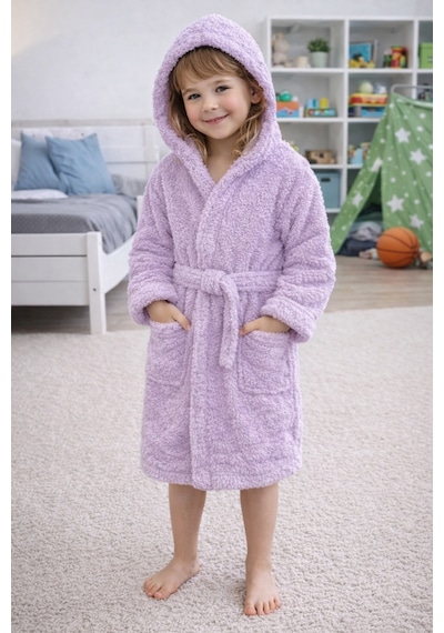 Luna Soft Kız / Erkek Çocuk Kapşonlu Wellsoft Bornoz Peluş Sabahlık Lila Lila