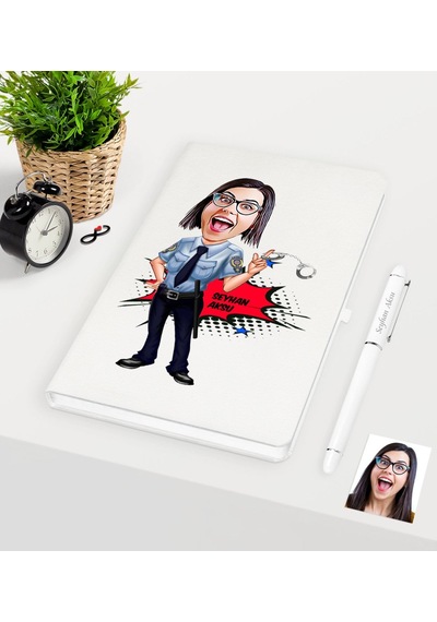 Kişiye Özel Kadın Polis Karikatürlü Beyaz Defter Kalem Seti Beyaz