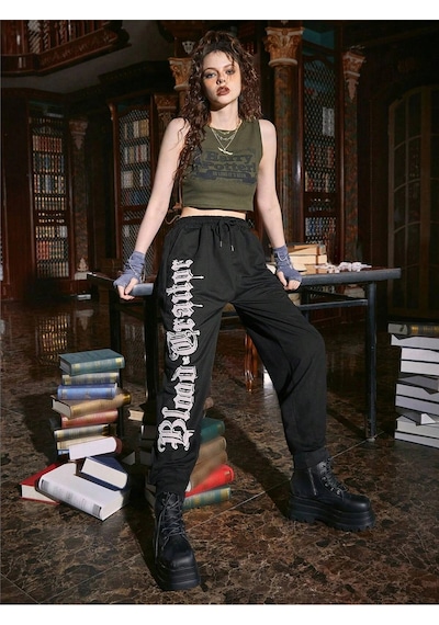Harry Potter Letter Graphic Drawstring Waist 4 Mevsim Eşofman Siyah