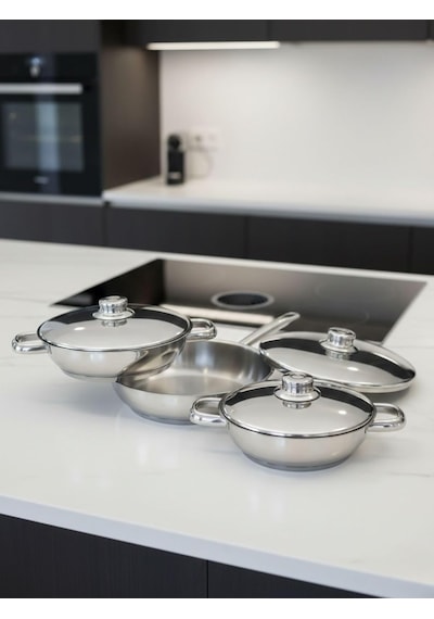 Tr Paslanmaz Çelik Omlet Tava Seti, Kapaklı, 3 Adet, 16cm, 18cm, 20cm, 6 Parça Diğer