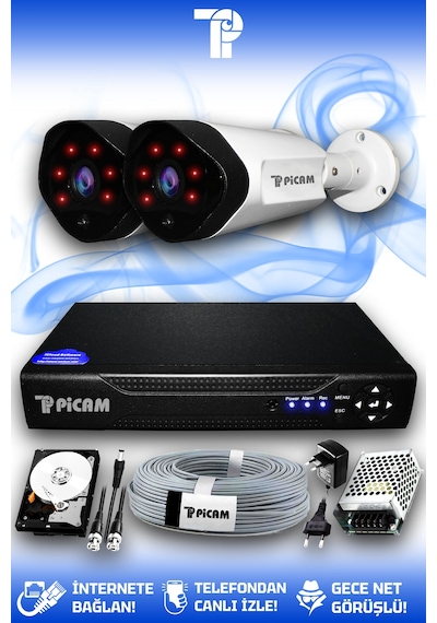 Picam 2 Kameralı Uzay 2 Dış Kamera Set 100 GB HDD Full HD Gece Görüşlü Güvenlik Kamerası Sistemi