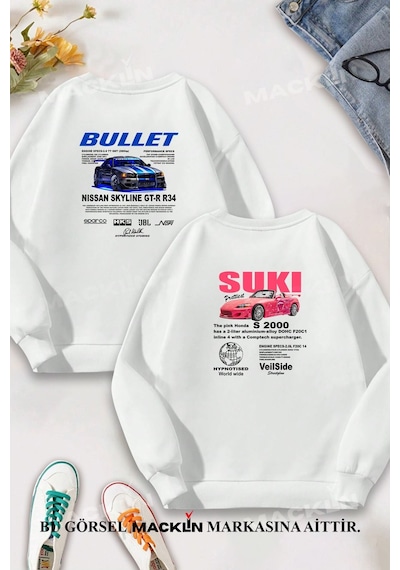 Macklin Sevgili Çift Kombin Hızlı Ve Öfkeli Bullet & Suki Sırt Baskılı Bisiklet Yaka Sweatshirt 2li Takım Beyaz Mck1489 Beyaz