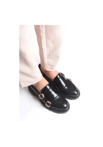 Sermoda Loafer Kadın Ayakkabı - Makosen Tokalı Casual Günlük Kadın Ayakkabı Siyah Rugan
